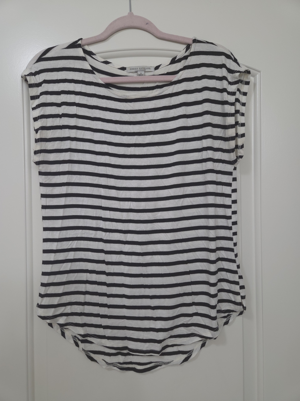 Green Envelope Black & White Striped Scoop Neck Blouse